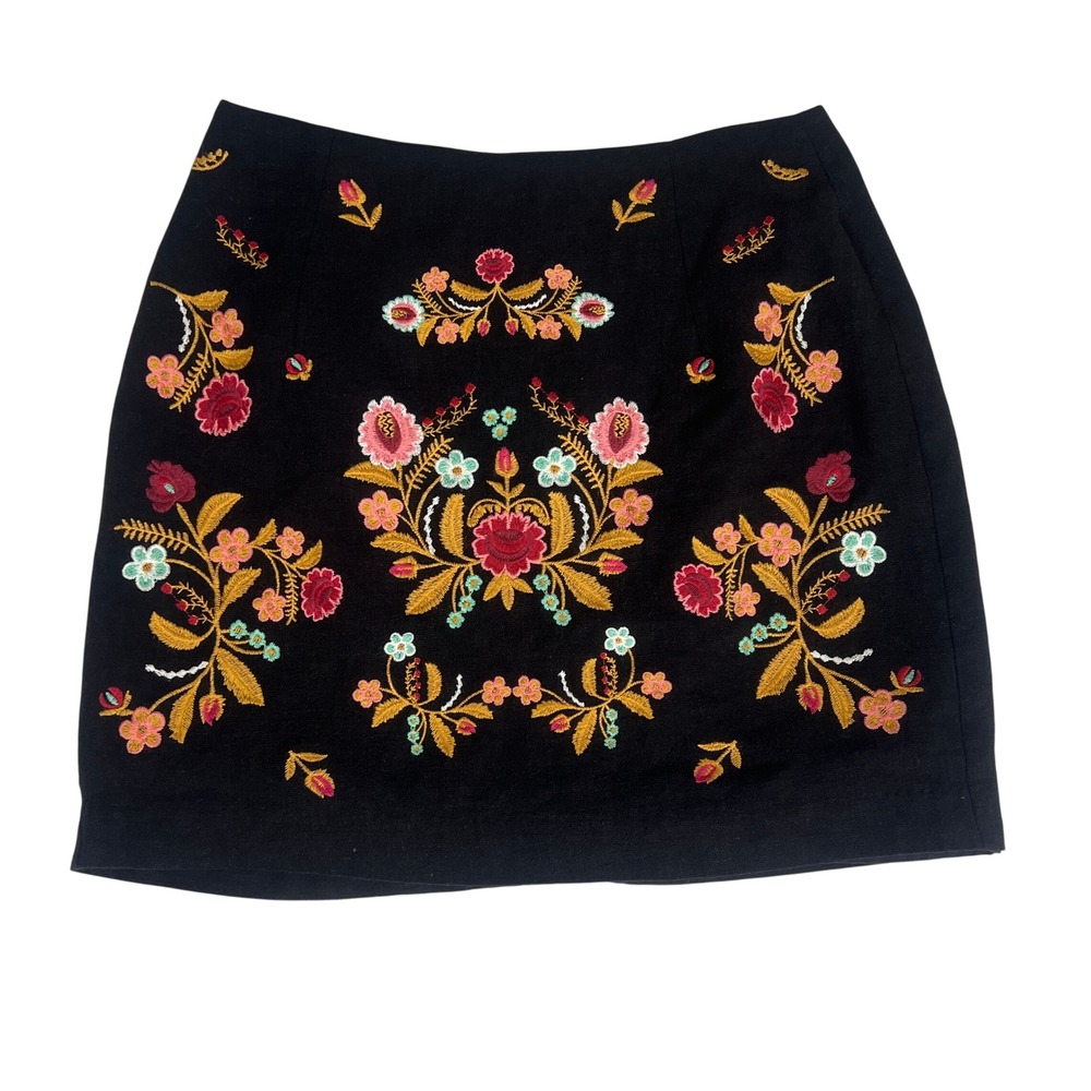 Entro Black Floral Embroidered Mini Skirt Womens Small Boho Folk Art A-Line